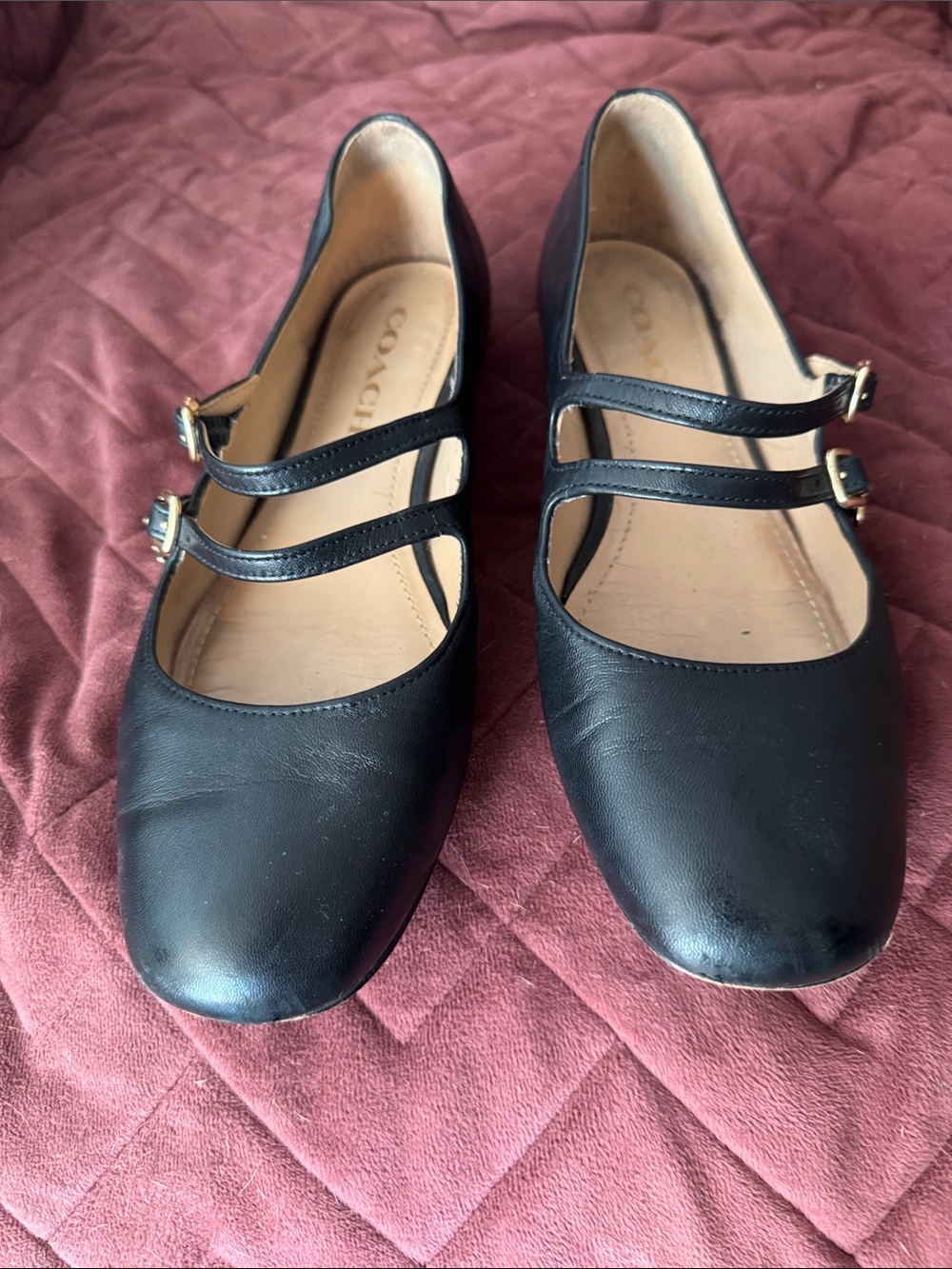 Coach Black Leather Double-Strap Mary Jane Flats